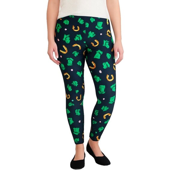 Womens M Shamrock Print Leggings St Patricks Day Clover Horseshoe Lucky Pants - Picture 1 of 12